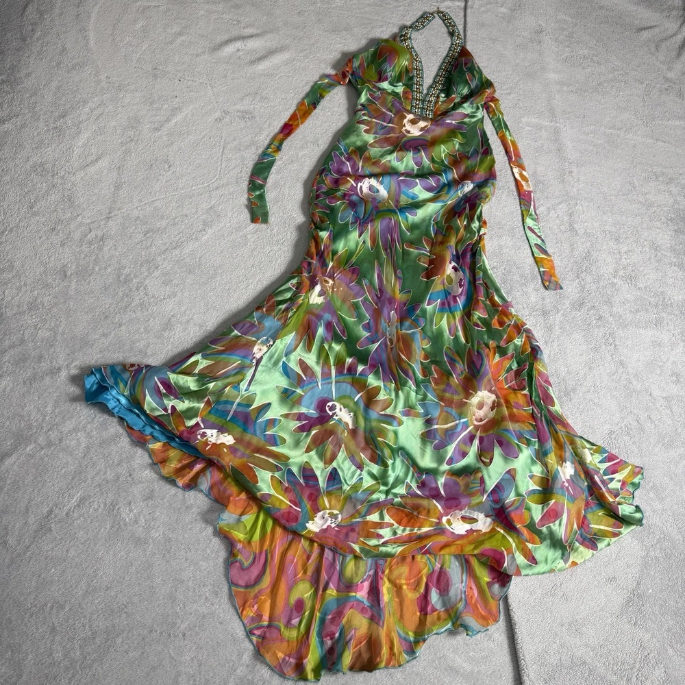 Mary L Couture Women's Size 8 Green Floral Beaded Halter Maxi Dress Gown